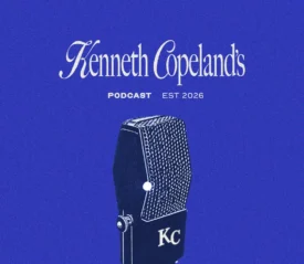 A radio microphone on a blue background with Kenneth Copeland's Podcast