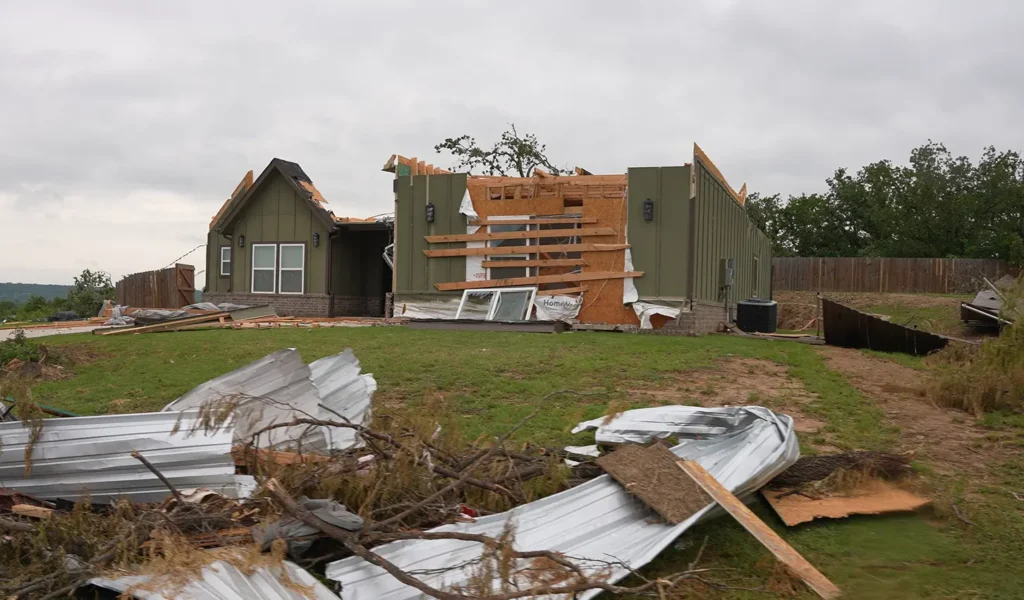 The damage left from a tornado in Springtown, Texas taken by KCM Disaster Relief