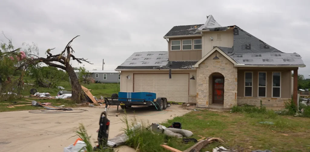 The damage left from a tornado in Springtown, Texas taken by KCM Disaster Relief