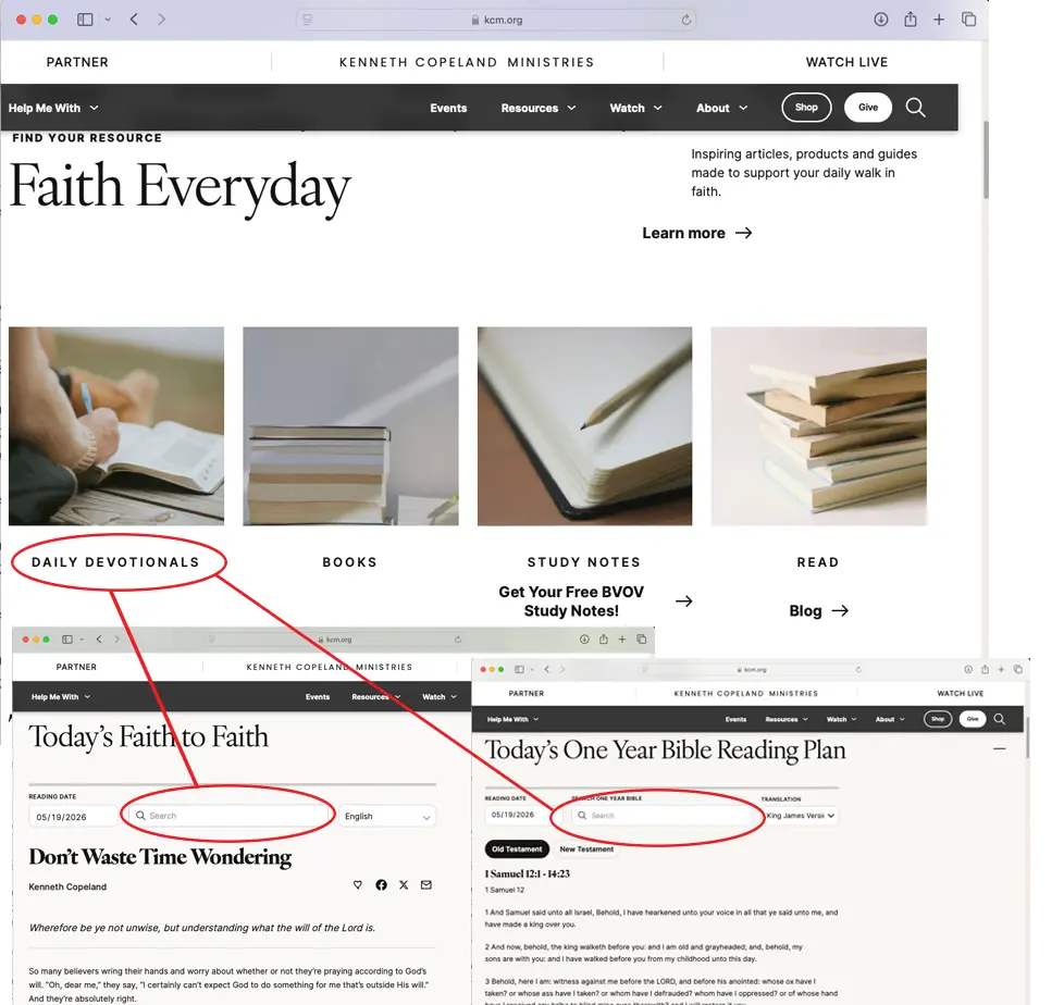 Screenshot of Faith Everyday site with a highlighted Daily Devotionals tile and circled search bars in two browser views.