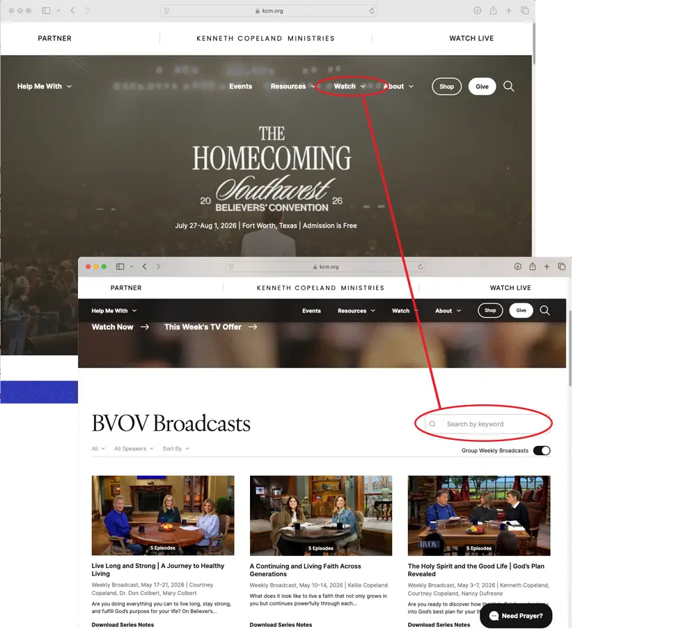 Screenshots of a ministry website header showing the'Watch' menu and the BVOV Broadcasts page with a highlighted search field labeled 'Search by keyword' or 'Search' amid program tiles.