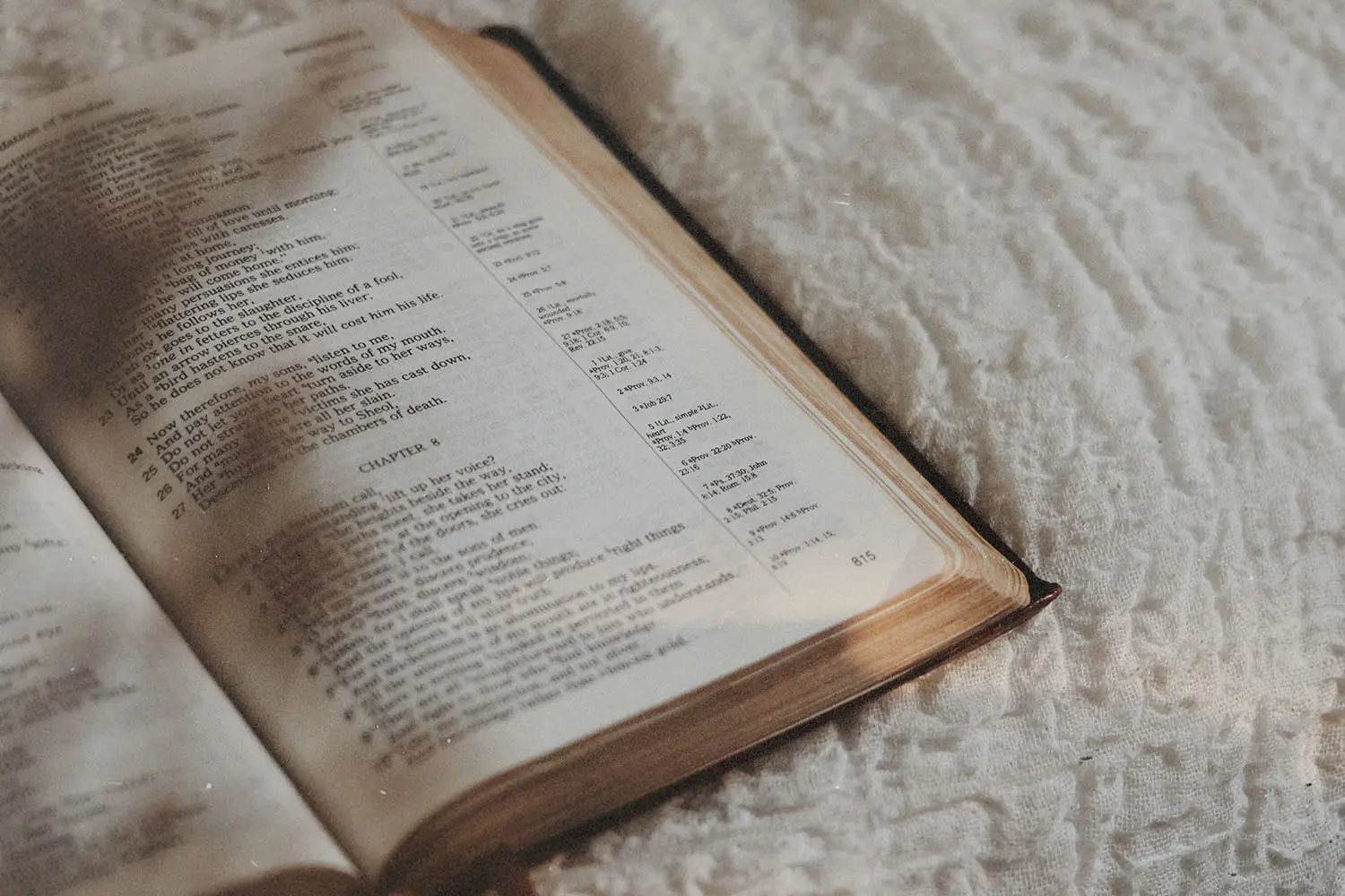 Close-up of an open Bible laid on a white, patterned fabric surface with gentle shadows