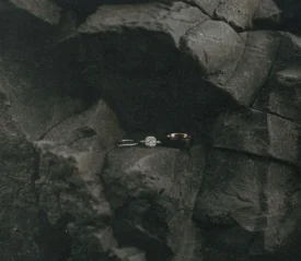 Two wedding rings resting on dark, textured volcanic rocks