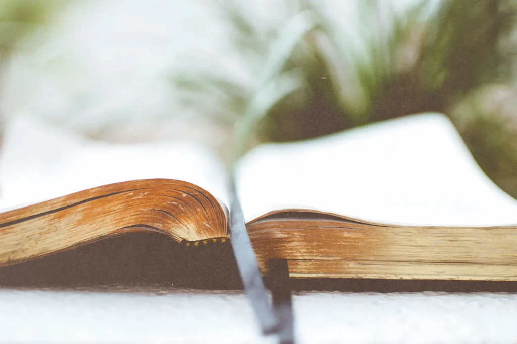 w-angle view of an open Bible with aged, textured pages and a dark ribbon bookmark
