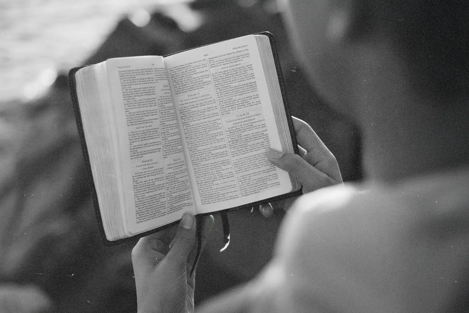 Person holding and reading an open Bible outdoors in soft, natural light