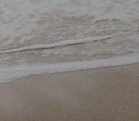 Gentle ocean waves roll onto smooth, wet sand in soft, muted lighting