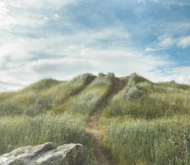 Dirt path leading through green grassy hills under a bright sky