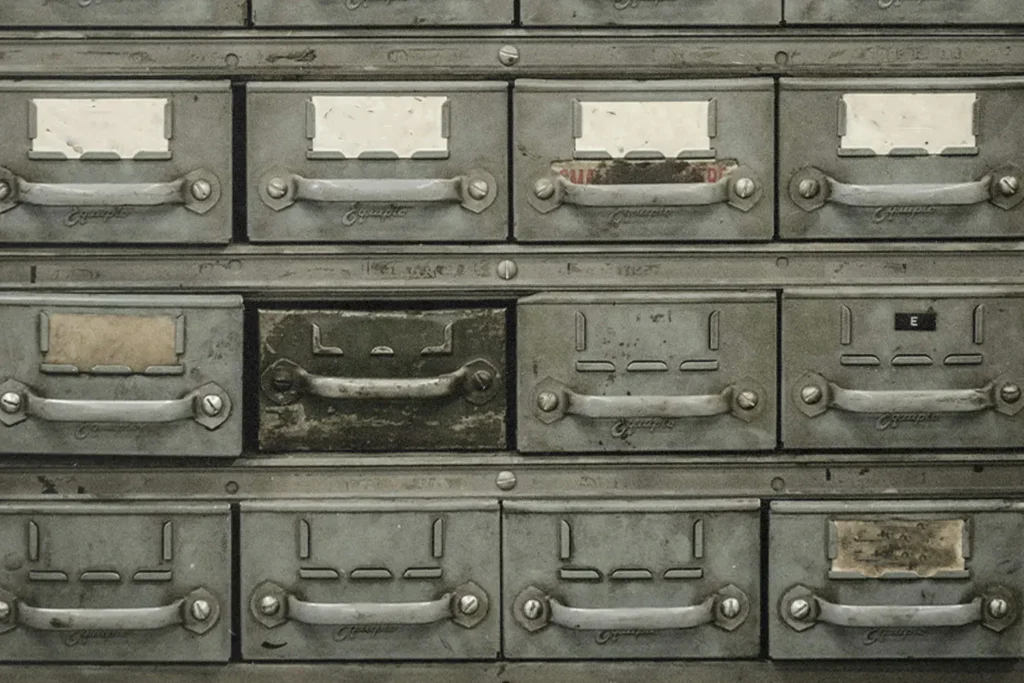 Close-up of an old metal drawer cabinet with worn labels and distressed handles