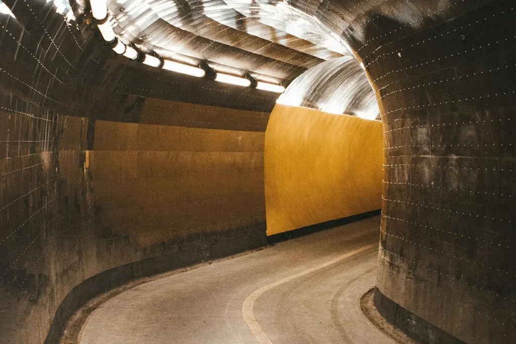 A long tunnel with lights