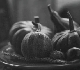 Black‑and‑white still life of assorted pumpkins and gourds arranged on a plate