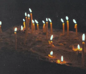Dozens of thin, glowing candles stand upright in sand, their flames flickering softly in the dark