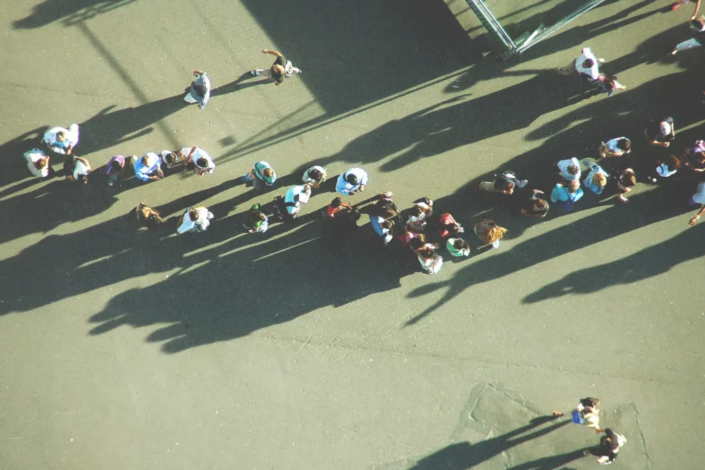 Aerial view of people standing in line