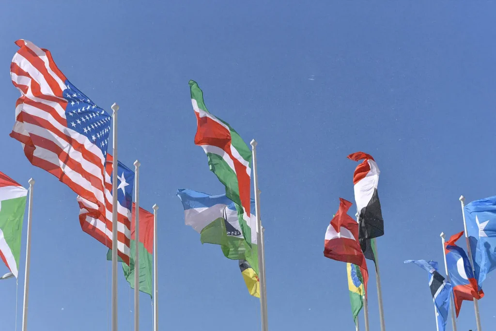 national flags flying in the breeze