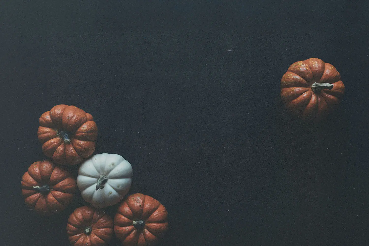 Dark background with small orange and white pumpkins