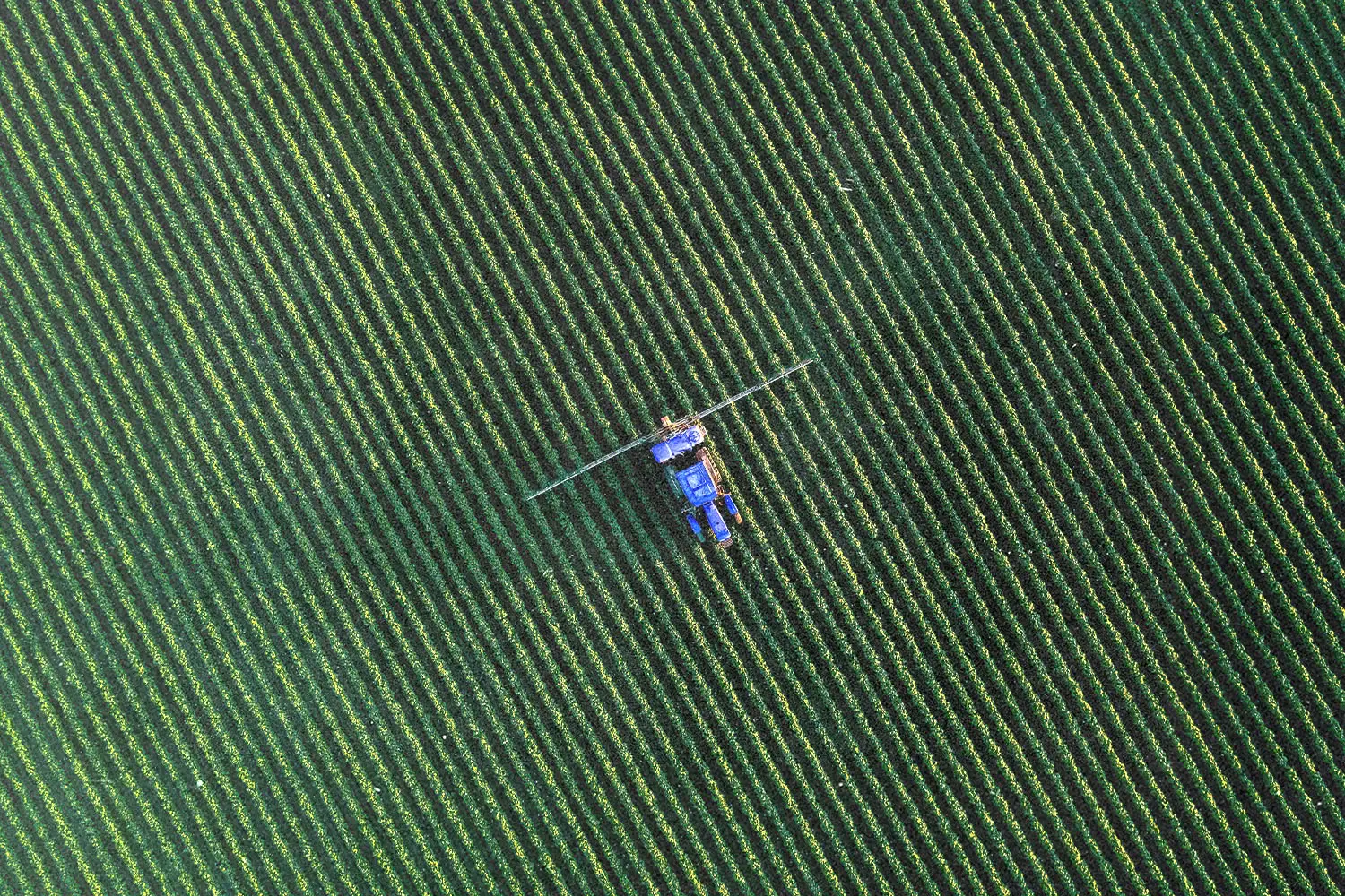 Aerial view of combine harvester in open field