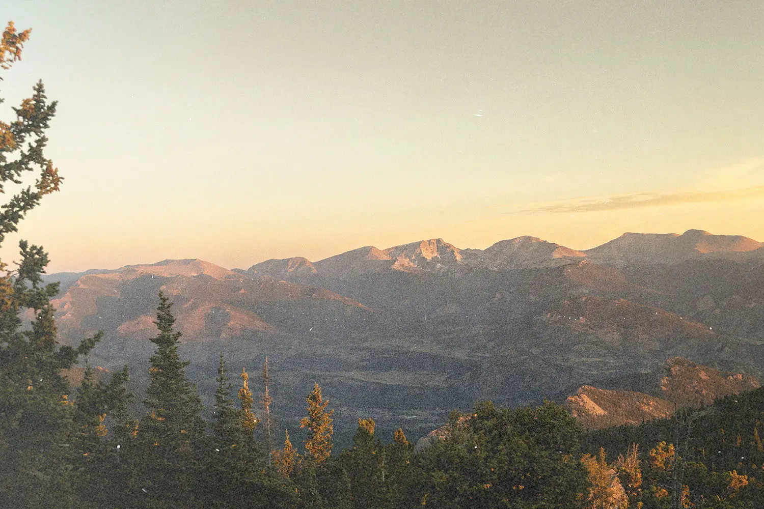 A wide mountain landscape at sunrise or sunset, with layered ridgelines and evergreen trees in the foreground beneath a pale sky.