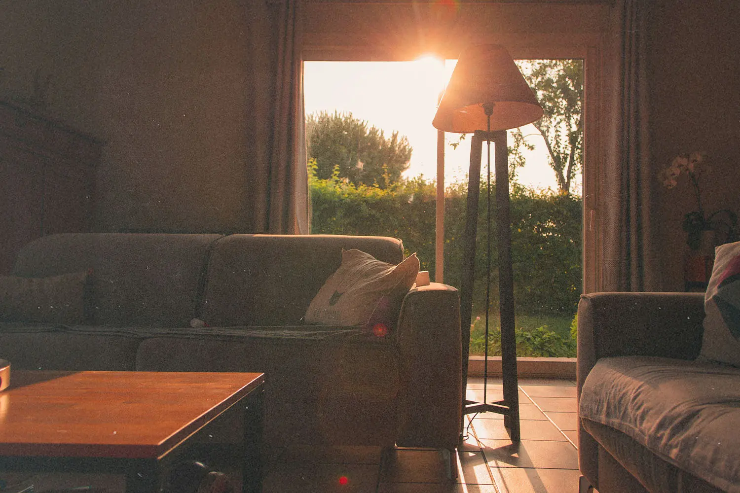 Warm sunlight streams through a large window into a cozy living room with sofas and a floor lamp