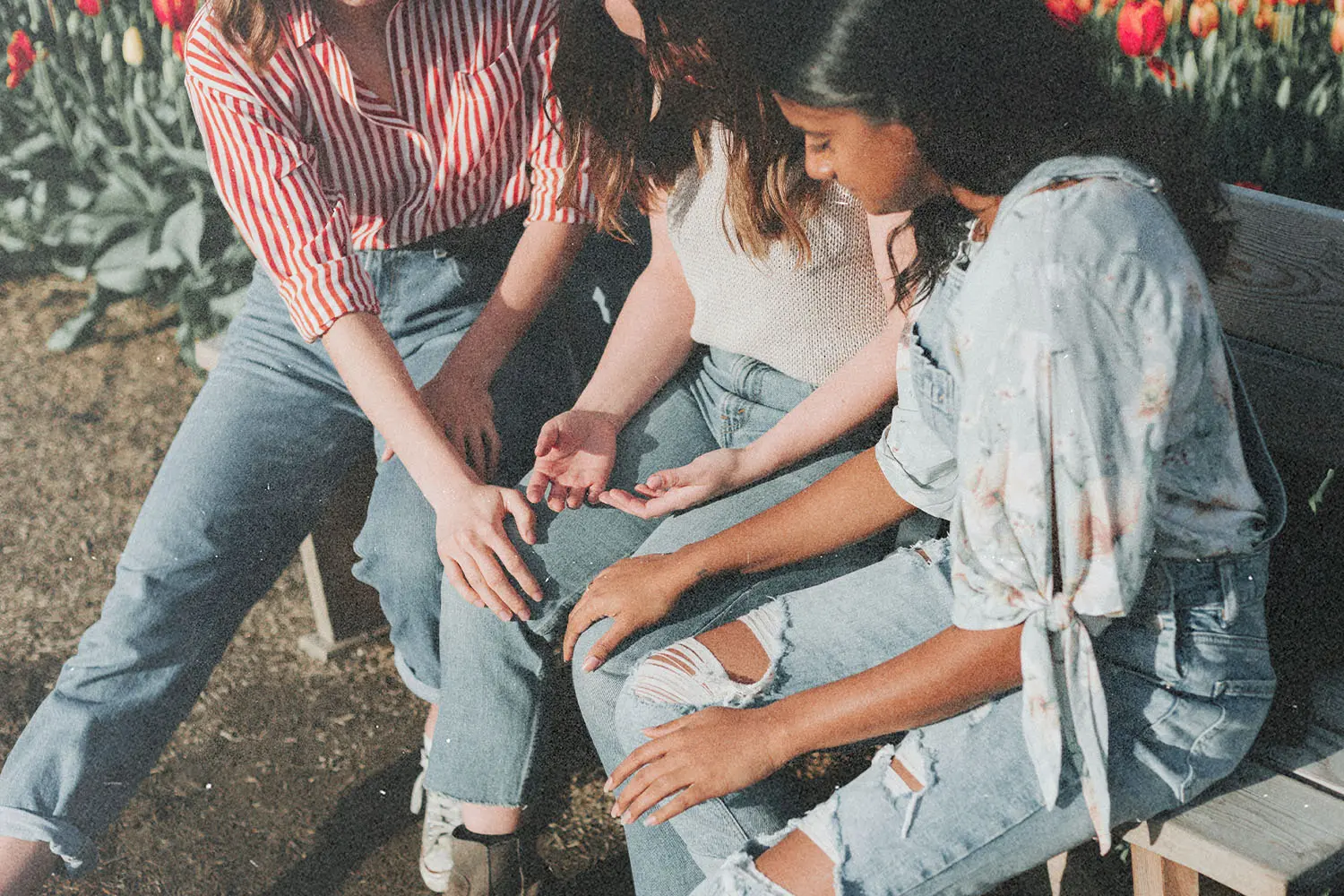 Three people sitting together on a bench in a garden, gently reaching toward one another’s hands as they talk among blooming tulips