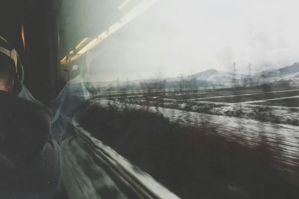 looking out a train window at a treed snowy landscape