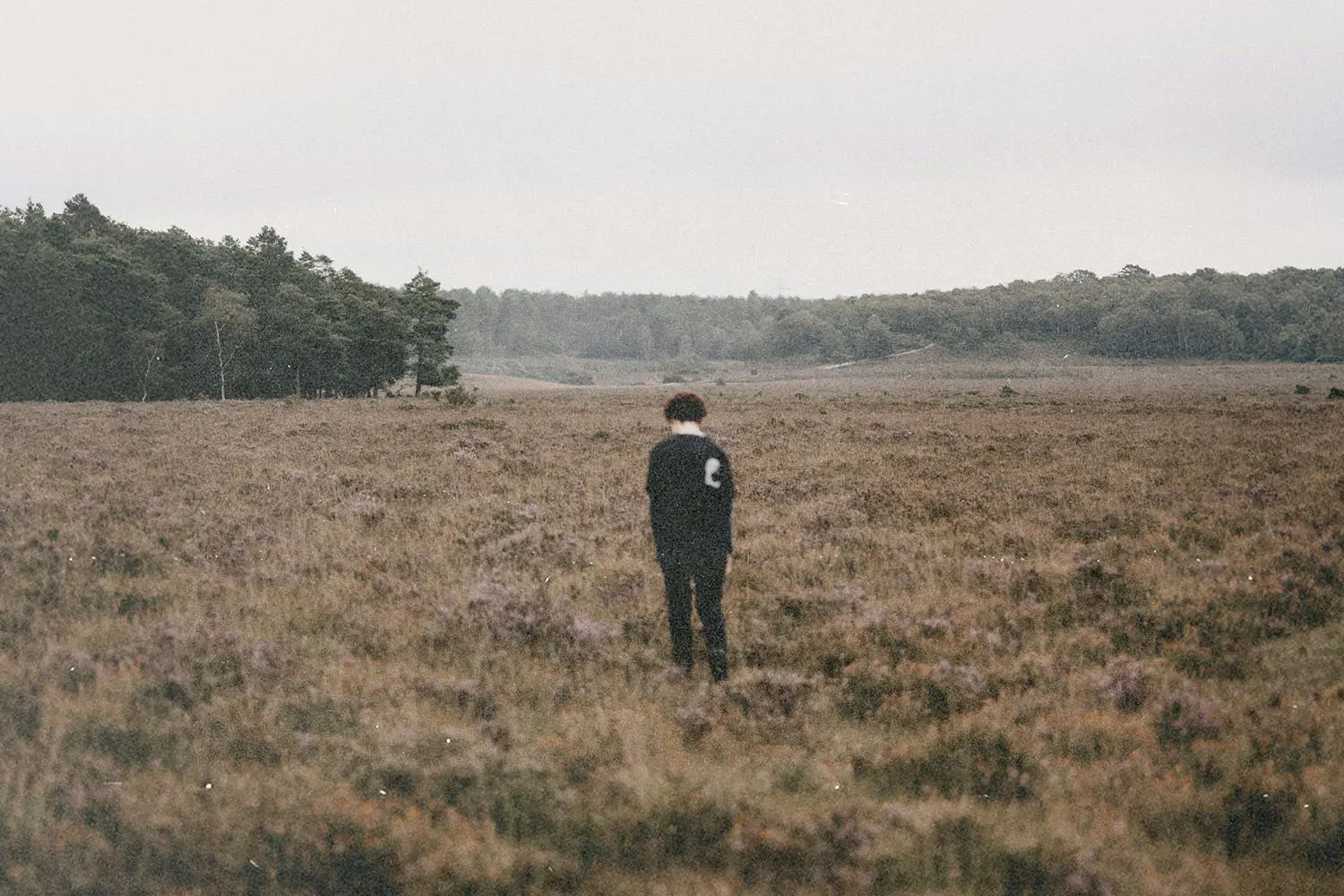 Person standing alone in a wide, grassy field bordered by distant trees under an overcast sky
