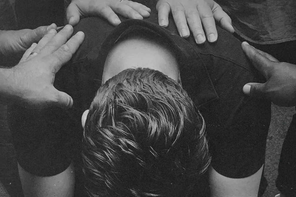 Laying hands in prayer on a man crouched over