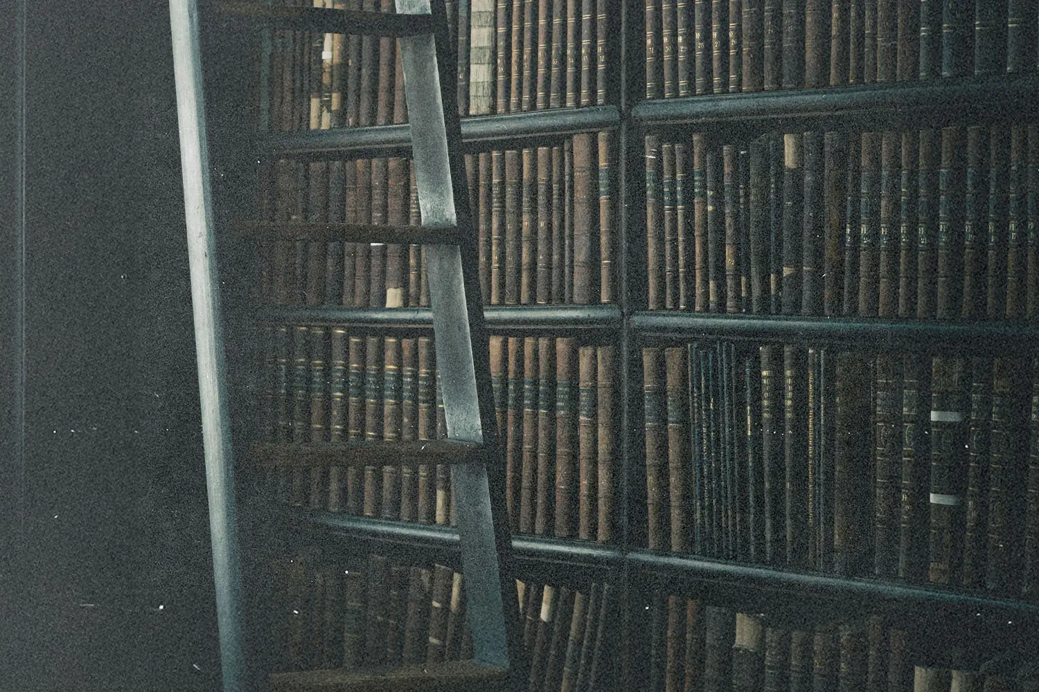 Tall wooden ladder leaning against floor‑to‑ceiling bookshelves filled with old books