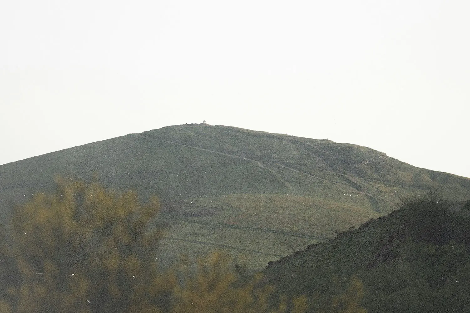 Green hillside with winding paths leading across the slope under a bright, hazy sky