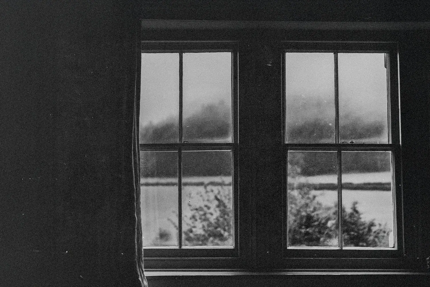Black‑and‑white view through a window looking out at trees and distant landscape