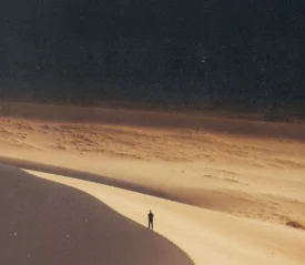 A solitary person stands on a sunlit sand dune, surrounded by vast, sweeping desert terrain under a darkened sky