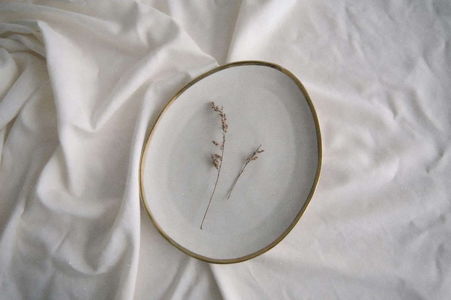 A simple ceramic plate holding two delicate dried sprigs rests on softly wrinkled white fabric