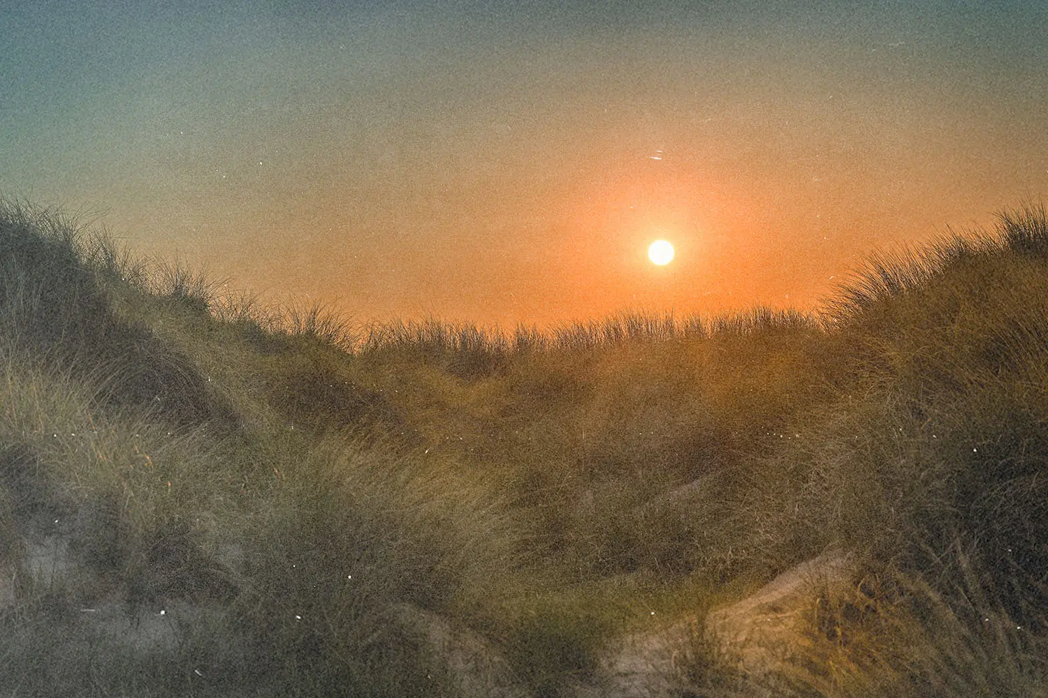 The sun setting over grassy dunes under a clear sky.