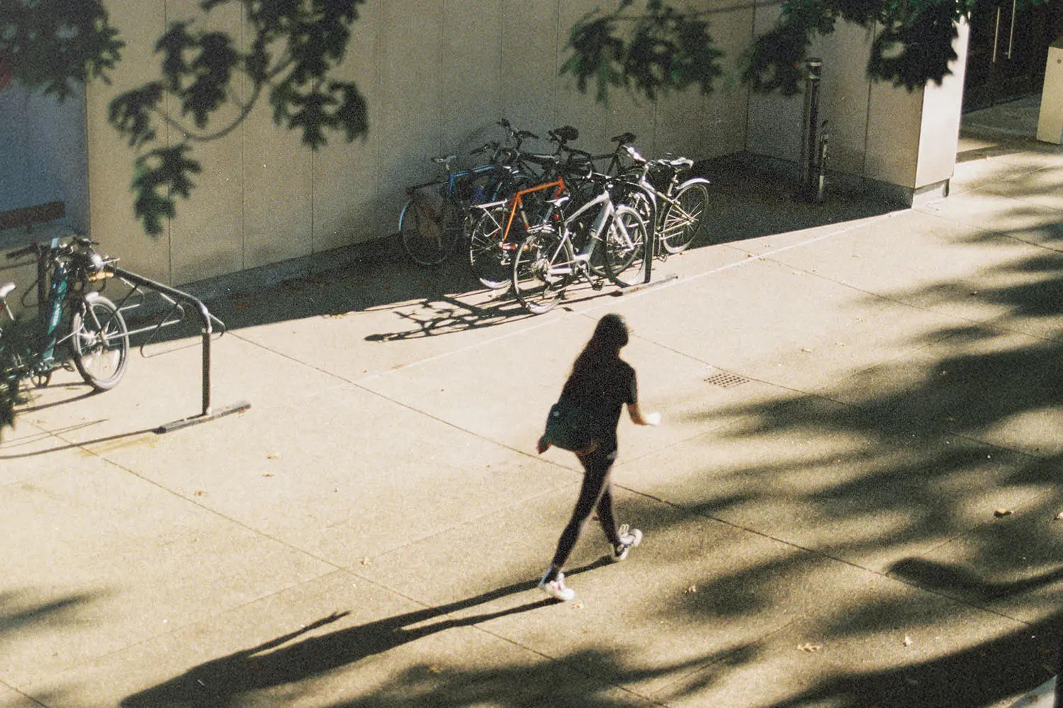A person walking alone across a sunlit walkway with bicycles parked against a wall nearby.