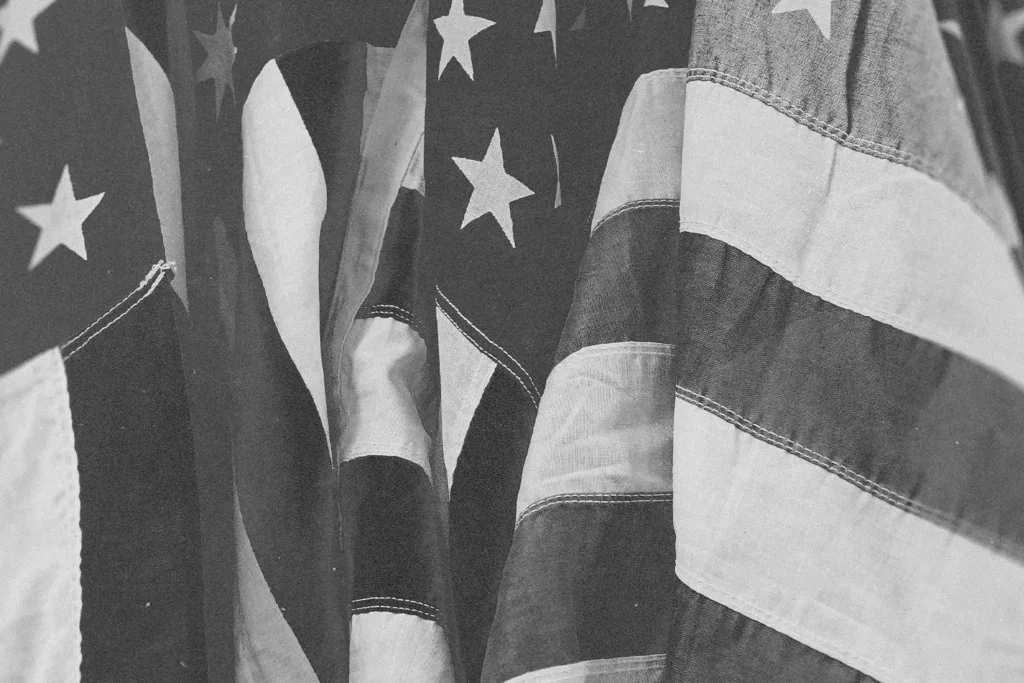 black and white photo of usa flags