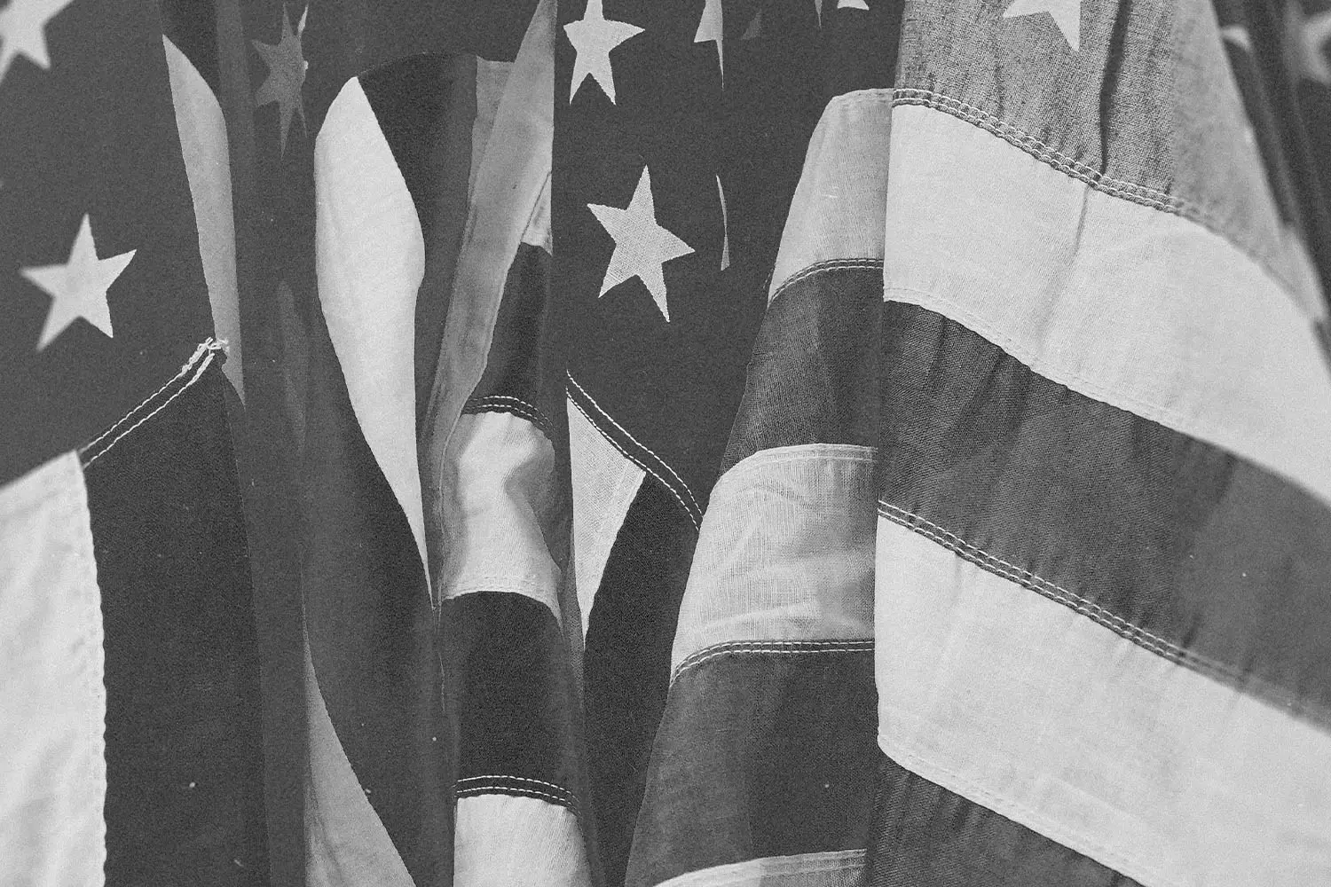 black and white photo of usa flags