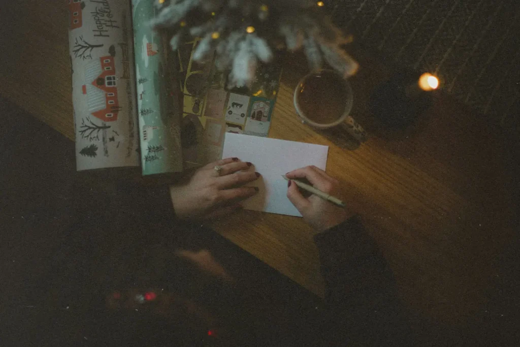 person writing a note next to wrapping paper