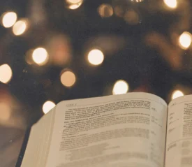 open bible in front of a lit christmas tree