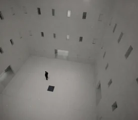 Person standing alone in a large, minimalistic white atrium with tall walls lined with small rectangular openings