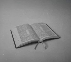 Black‑and‑white image of an open Bible resting on a flat surface with two ribbon bookmarks