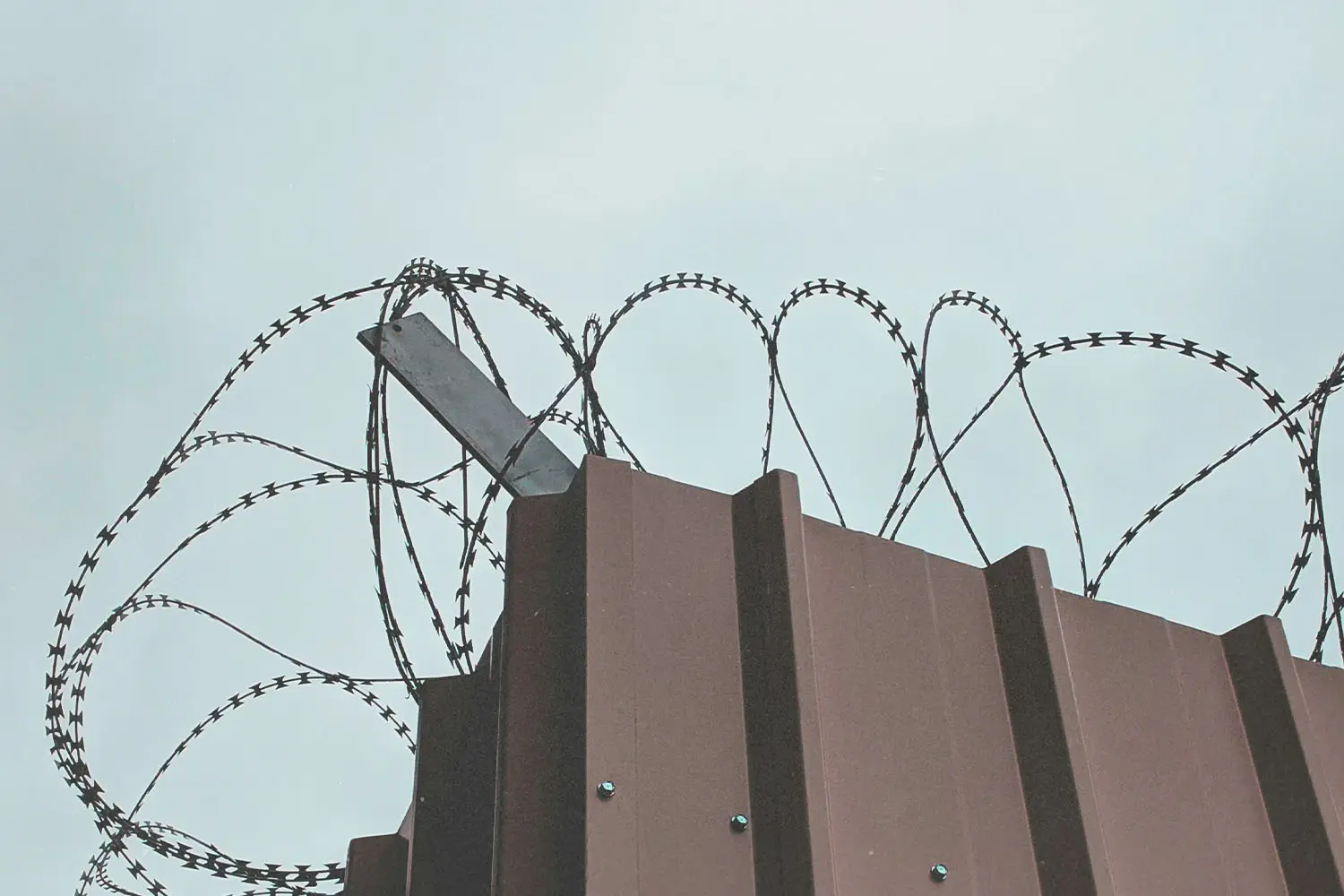 barbed wire atop a steel fence