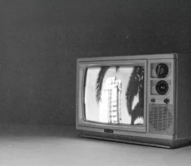 Vintage television sits in a dim room, displaying a black‑and‑white image of tall buildings framed by palm leaves