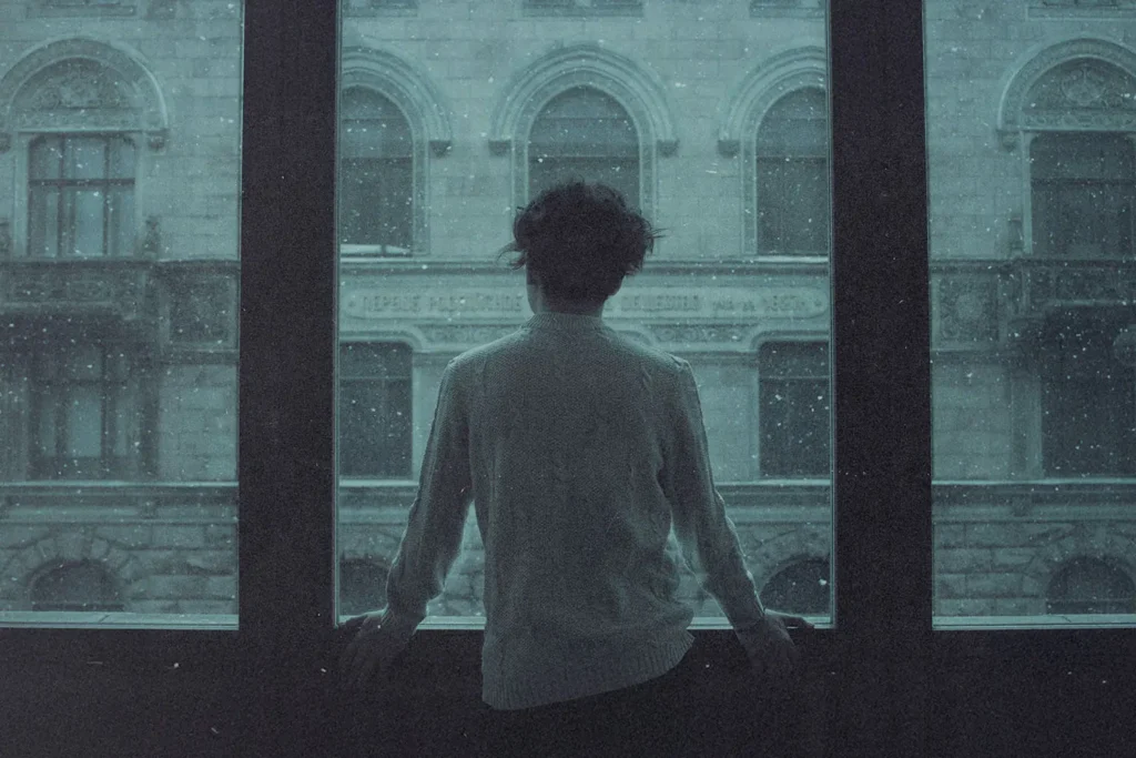 A person stands at a large window, looking out at an ornate stone building as snow falls outside