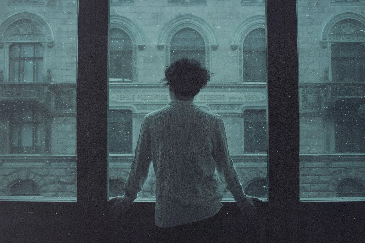 A person stands at a large window, looking out at an ornate stone building as snow falls outside