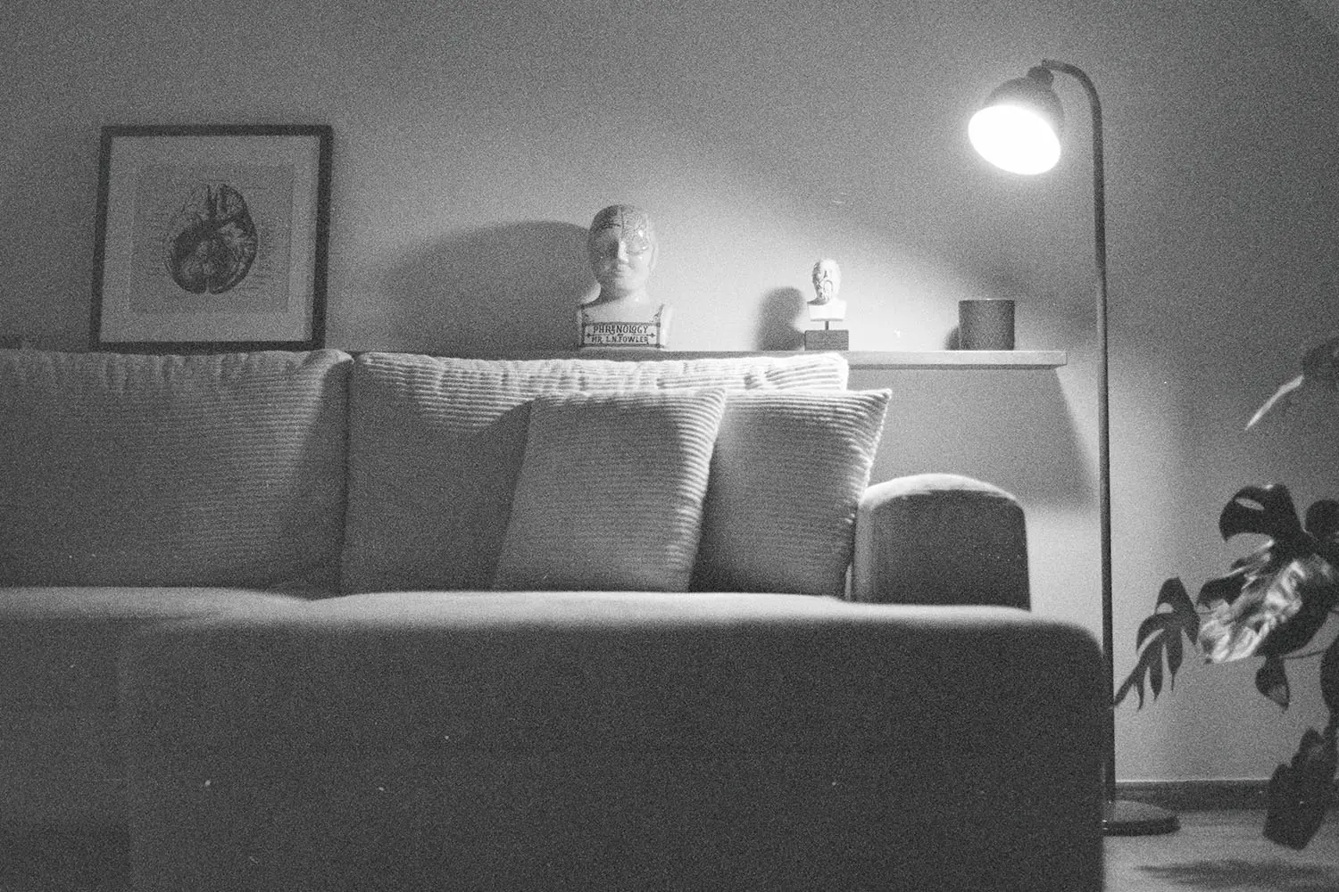 A cozy living room with a soft couch, a floor lamp casting warm light, framed art on the wall, and decorative objects arranged on a shelf