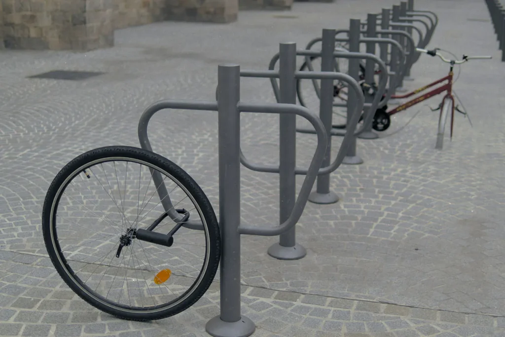 Wheel attached to a bike rack