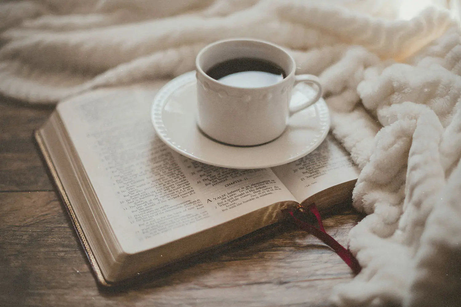 Bible open with coffee mug on top