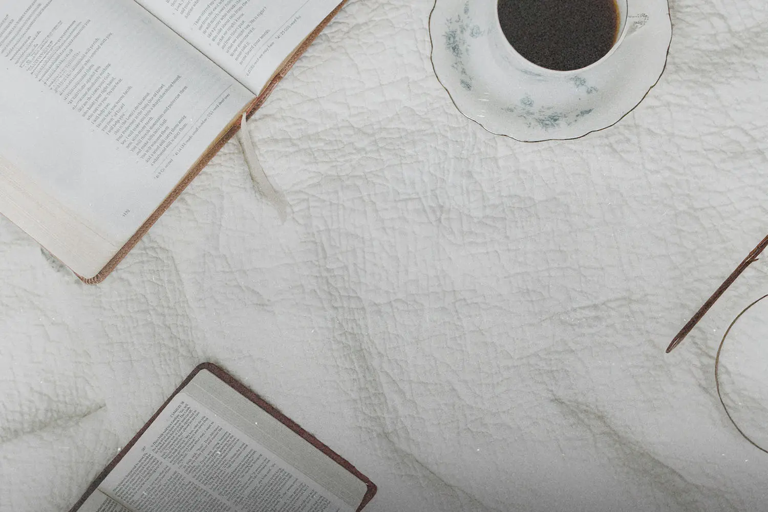 Two open books and a cup of coffee rest on a white quilted blanket