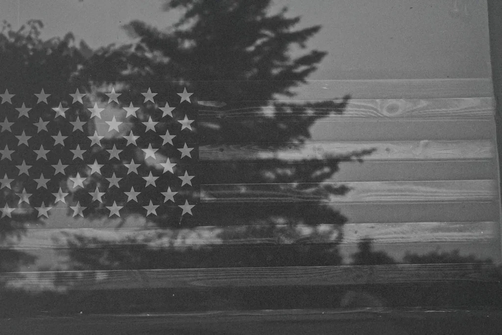 Transparent American flag in front of a background of trees