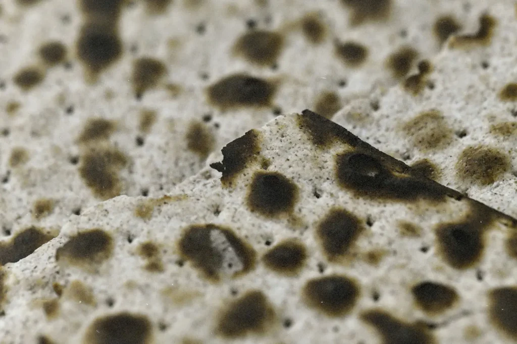 A close-up view of charred, bubbled matzah or flatbread, showing its browned, uneven surface texture