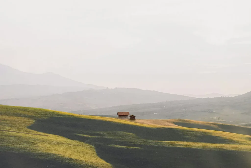 Grass pastures with a single house and shed in the distance