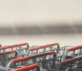 A row of shopping carts with red handles sits in soft sunlight beside a blank wall